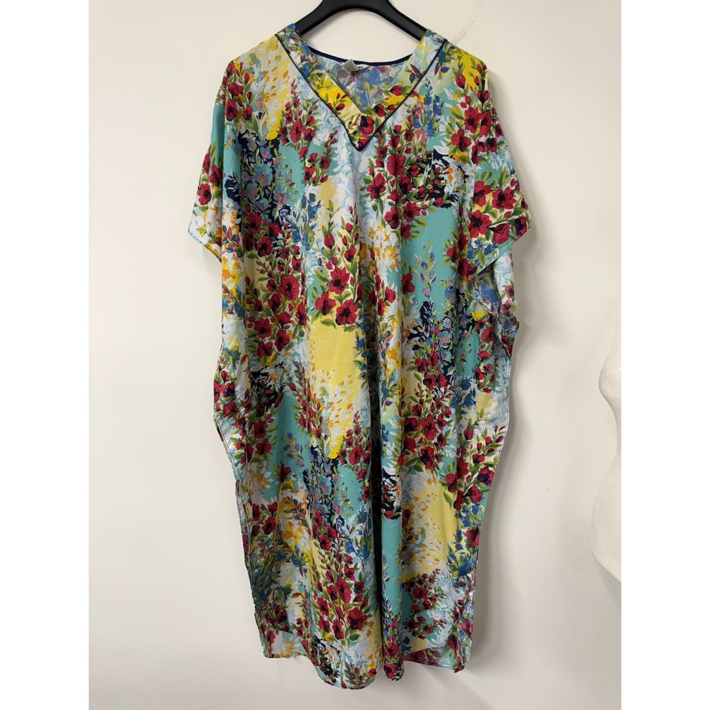 Winlar Long Kaftan Caftan Maxi Dress Goddess Teal Floral Silky One Size Muu Muu